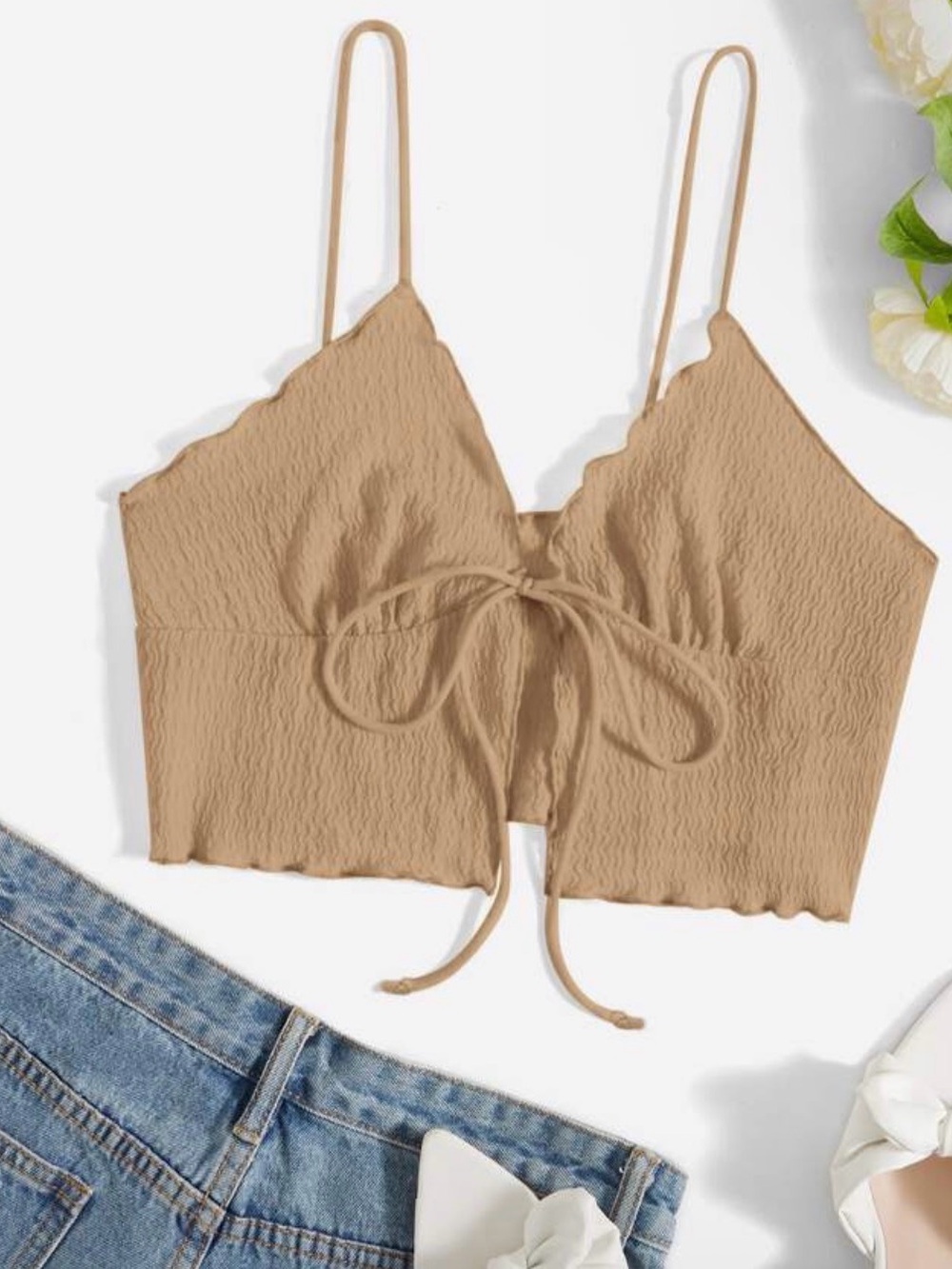SHEIN Brown Ribbed Tie-Front Cropped Tank Top